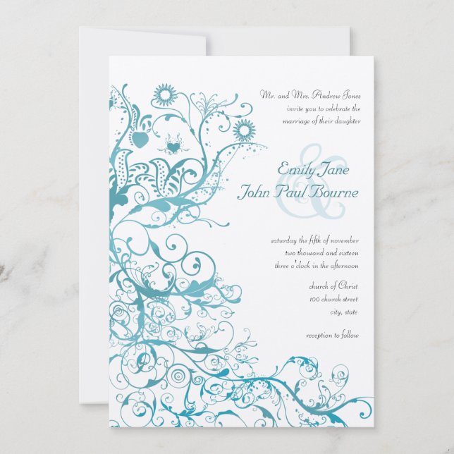 Mint Birds Swirls Wedding Invites (Front)