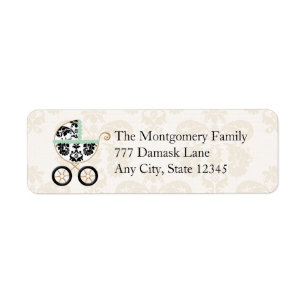 MINT BLACK DAMASK  BABY CARRIAGE RETURN ADDRESS