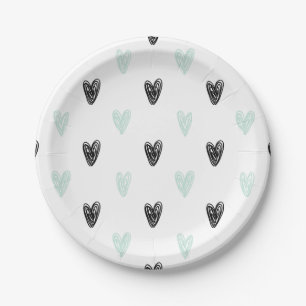 Mint & Black Hearts Doodles Pattern Paper Plates