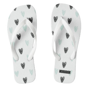 Mint & Black Hearts Doodles Pattern Personalised Jandals