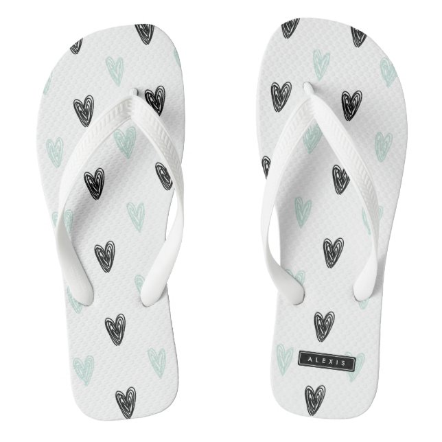 Mint & Black Hearts Doodles Pattern Personalised Jandals (Footbed)