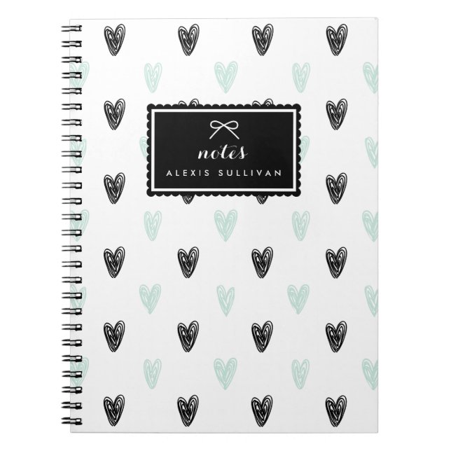 Mint & Black Hearts Pattern Personalised Notebook (Front)