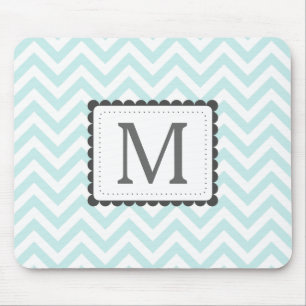 Mint Blue And White Chevron Custom Monogram Mouse Pad