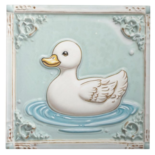 Mint Blue and White Cute Baby Duck Bathroom Tile (Front)