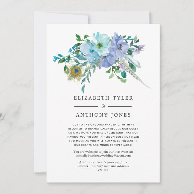 Mint & Blue Boho Floral Reduced Wedding Guest List Announcement (Front)