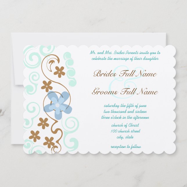 Mint Blue & Brown Swirl Flowers Wedding  Invitation (Front)