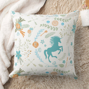 Mint Blue Coral  Trendy Unicorn & Floral Pattern Cushion