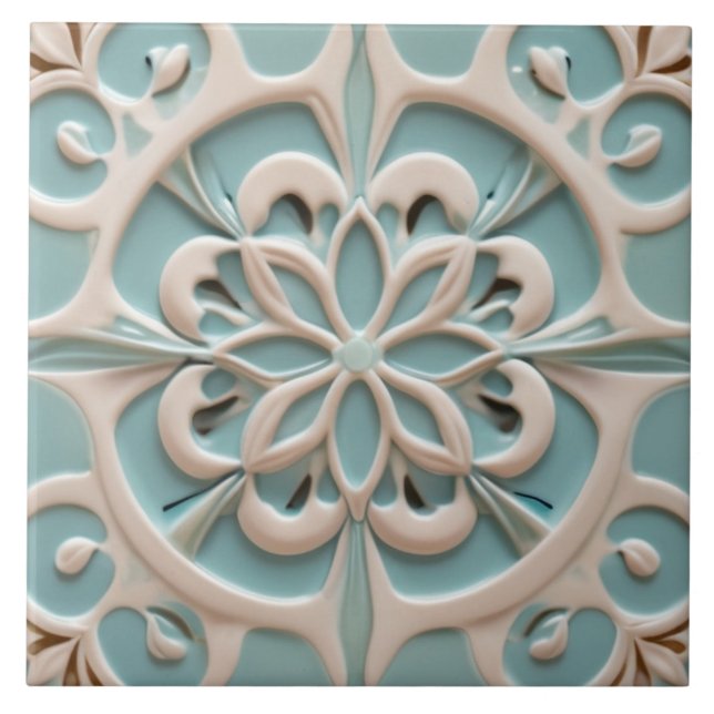 Mint Blue Daisy Flower Faux Relief Boho Floral Tile (Front)