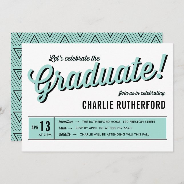 Mint Blue Diner Retro Typography Graduation Party Invitation (Front/Back)