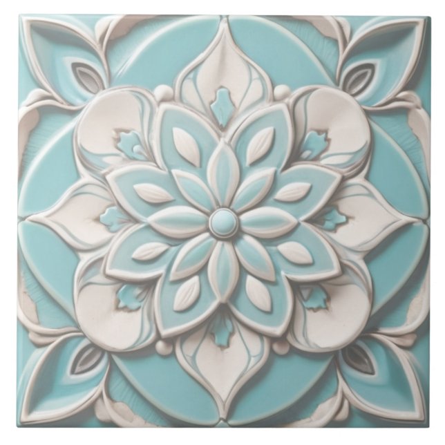 Mint Blue Faux Relief Elegant Floral Flower Tile (Front)