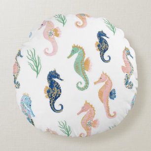 Mint Blue Green Pink Seahorses Wavy Stripes Round Cushion