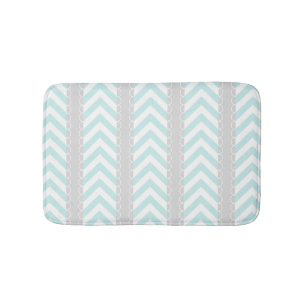 Mint Blue, Grey, White Chevron Stripes Pattern Bath Mat