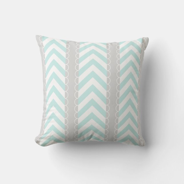 Mint Blue, Grey, White Chevron Stripes Pattern Cushion (Front)