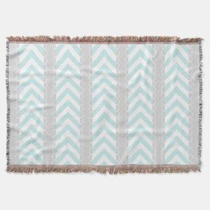 Mint Blue, Grey, White Chevron Stripes Pattern Throw Blanket