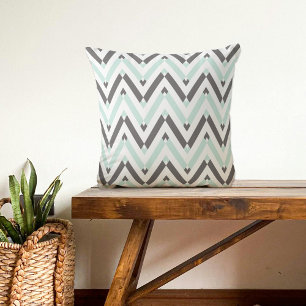 Mint Blue Grey White Geometric Chevron Pattern Cushion