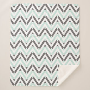 Mint Blue Grey White Geometric Chevron Pattern Sherpa Blanket