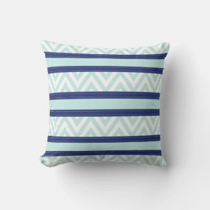 Mint Blue & Navy Stripes Chevron Pattern Cushion