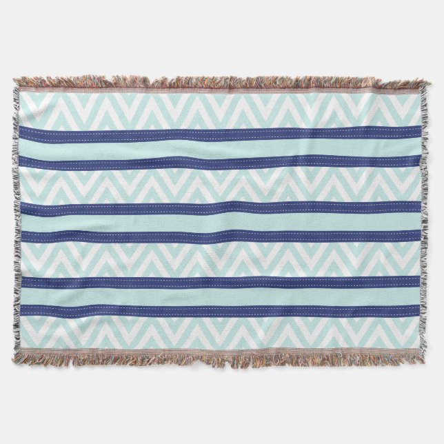 Mint Blue & Navy Stripes Chevron Pattern Throw Blanket (Front)