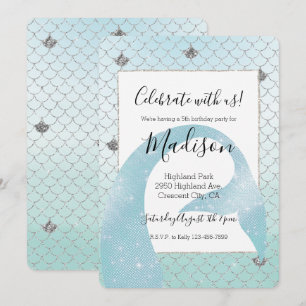 Mint Blue Ombre Silver Glitter Mermaid Birthday Invitation