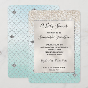 Mint Blue Ombre Silver Glitter Mermaid Invitation
