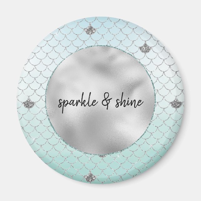 Mint Blue Ombre Silver Glitter Mermaid Magnet (Front)