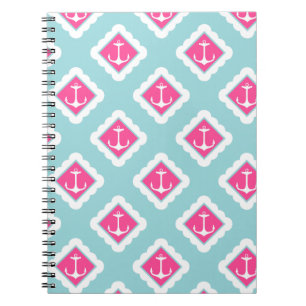 Mint Blue, Pink, White Anchors Nautical Pattern Spiral Notebook