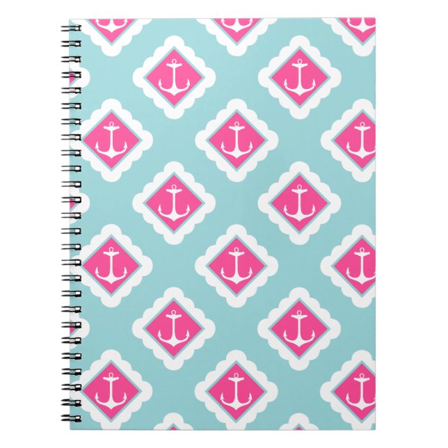 Mint Blue, Pink, White Anchors Nautical Pattern Spiral Notebook (Front)