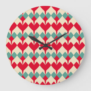 Mint blue, red hearts tile pattern. large clock