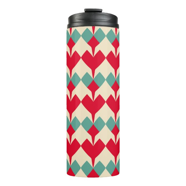 Mint blue, red hearts tile pattern. thermal tumbler (Front)