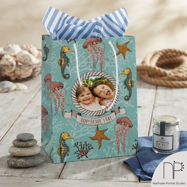 Mint Blue Seahorse Serenade Custom Photo & Text Medium Gift Bag (Hand-drawn ink seahorse coral jellyfish nautical photo medium gift bag custom marine packaging)