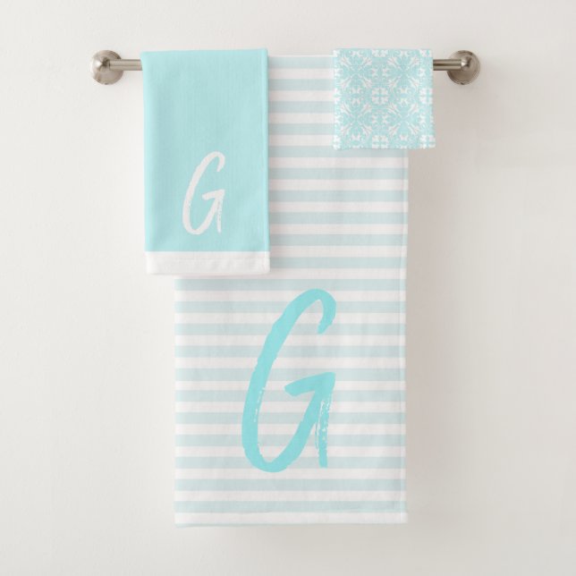 Mint Blue Stripes and Monogram Bath Towel Set (Insitu)