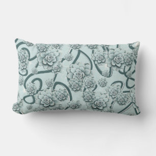 Mint Blue Succulents on Pine Green Trellis Repeat Lumbar Cushion