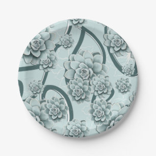Mint Blue Succulents on Pine Green Trellis Repeat Paper Plate