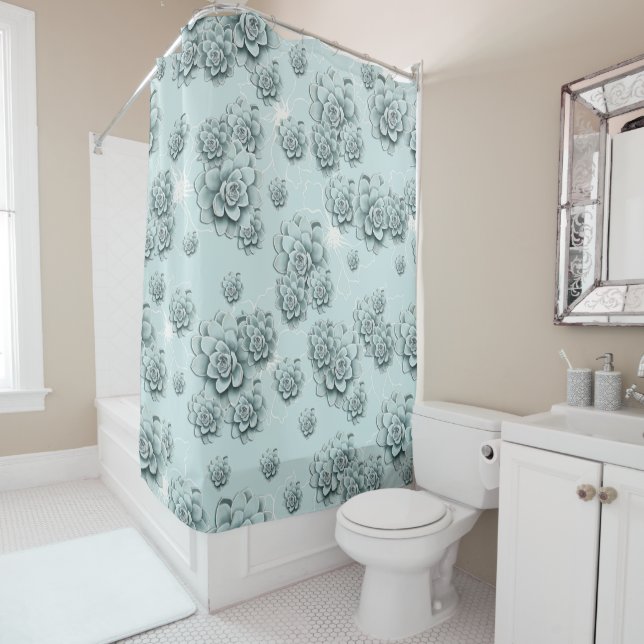 Mint Blue Succulents on plain pattern Repeat Shower Curtain (In Situ)