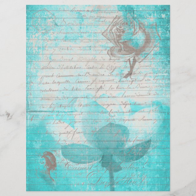 Mint blue teal old handwritting paper and flowers (Front)