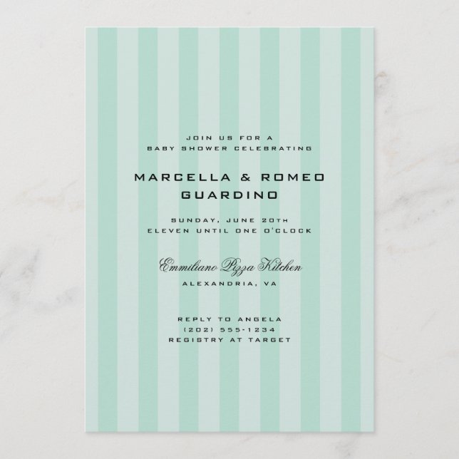 Mint Blue Vertical Stripe Modern Baby Shower Invitation (Front)