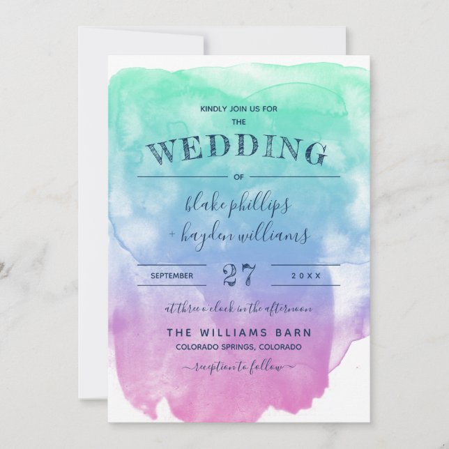 Mint Blue Violet Watercolor Wash Wedding Invitation (Front)