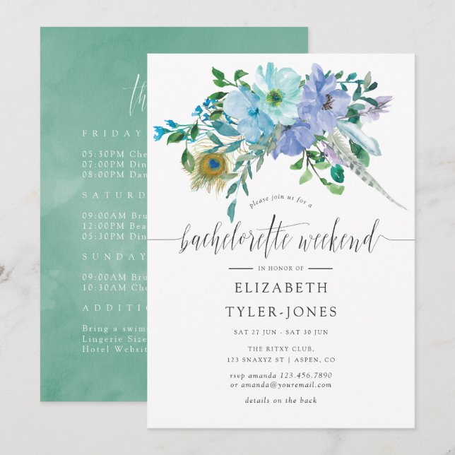 Mint & Blue Watercolor Boho Bachelorette Weeekend Invitation (Front/Back)