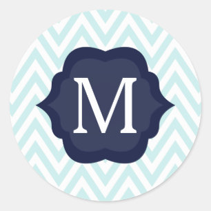 Mint Blue & White Chevron Navy Monogram Design Classic Round Sticker