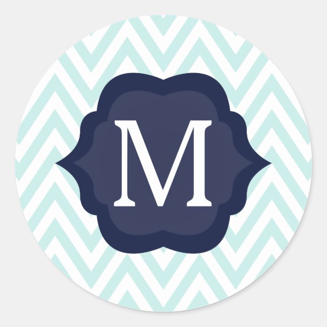 Mint Blue & White Chevron Navy Monogram Design Classic Round Sticker (Front)
