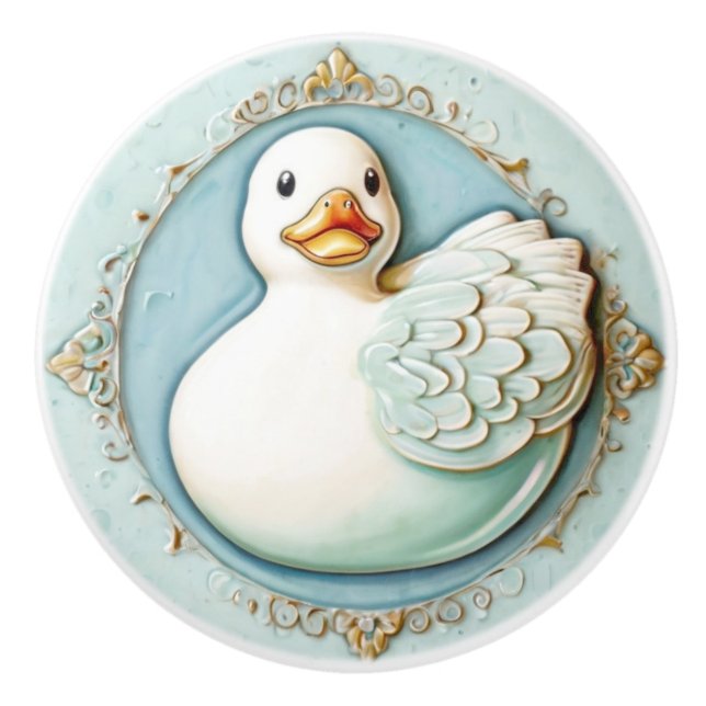 Mint Blue White Cute Rubber Ducky Duck Bathroom Ceramic Knob (Front)