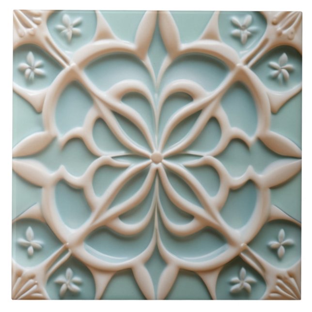Mint Blue & White Flower Faux Relief Boho Floral Tile (Front)
