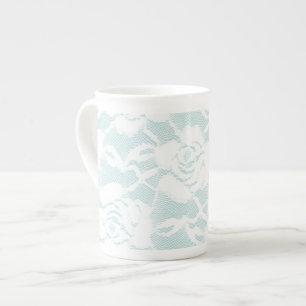 Mint Blue White Lace Roses Floral Bone China Mug