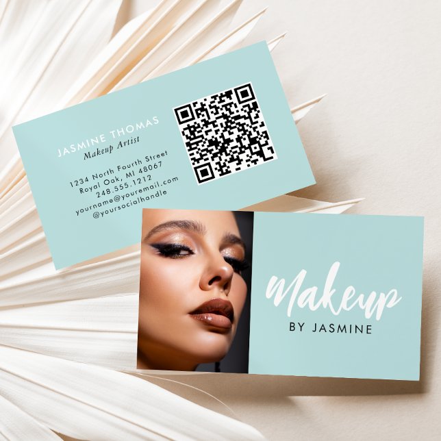 Mint Blue White Script QR Code Photo Makeup Business Card (Creator Uploaded)