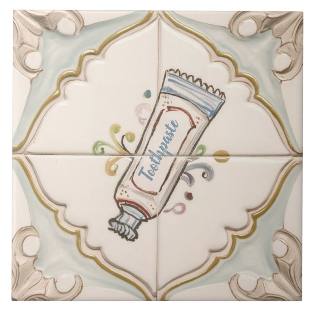 Mint Blue & White Toothpaste Funny Bathroom Tile (Front)