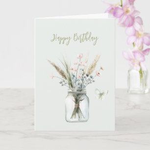 Mint Blush Blue Flowers Jar Butterfly Birthday Card