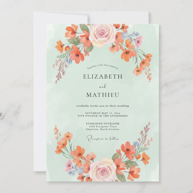 Mint Blush Coral Wildflower Wedding Invitation (Front)