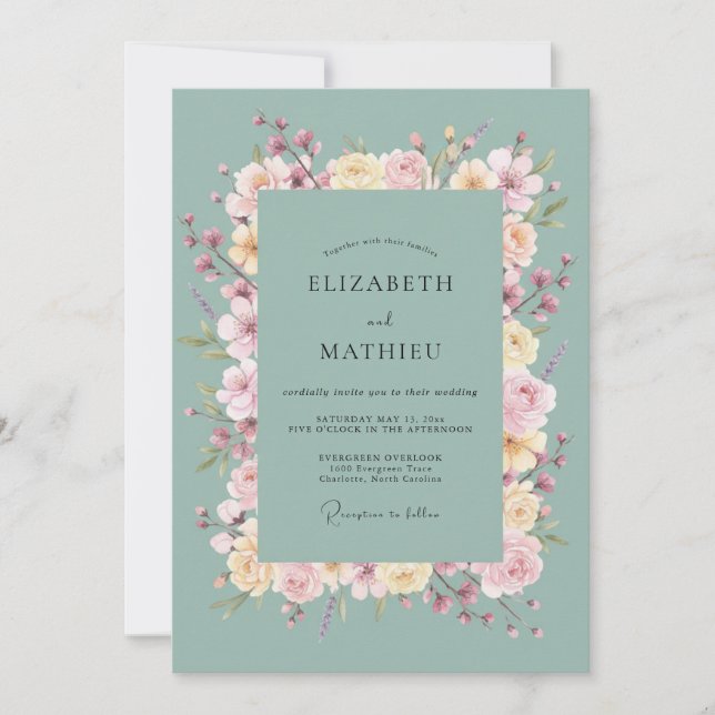 Mint Blush Floral Arch Wedding Invitation (Front)