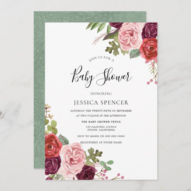 Mint & Blush Flowers Neutral Baby Shower Invite (Front/Back)