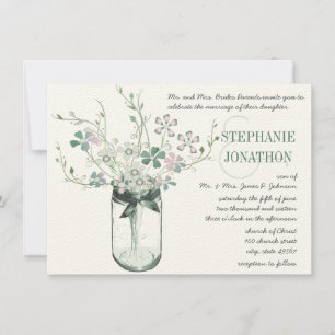Mint Blush Pink Mason Jar Wild Flower Wedding Invitation